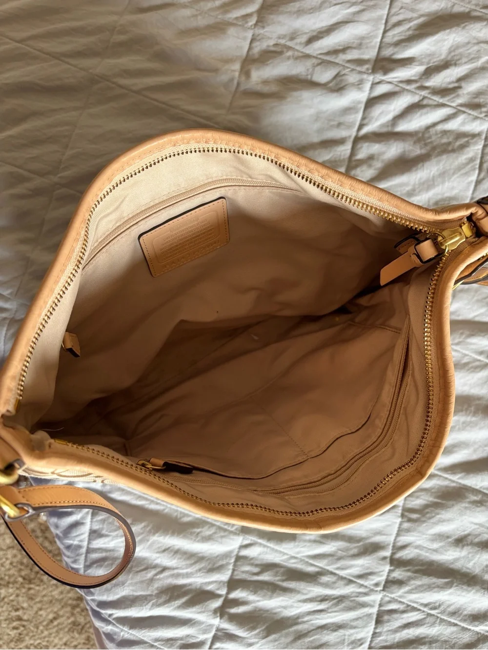 Coach Beige Signature Shoulder Bag with Green Center Stripe